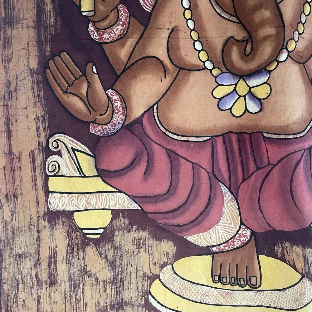 Vintage Lord Ganesha Batik Tapestry 50x35 Cotton Wall Hanging Hindu India Art